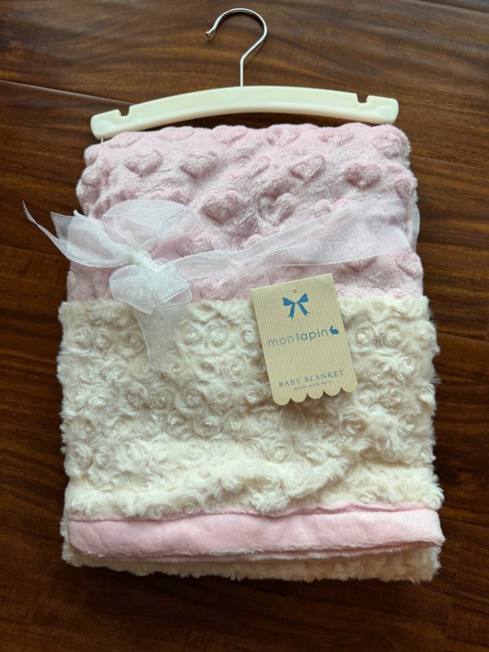 Mon Lapin Baby Blanket Pink & Cream Hearts & Rosettes Design Soft Plush Newborn